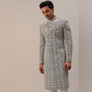 Kalki Fashion Teal Green Embroidered Sherwani Jacket Size 40 (US M/L)